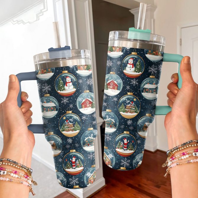 Christmas Snow Globes Custom Stanley Quencher 40oz Stainless Steel Tumbler With Handle - Image 2