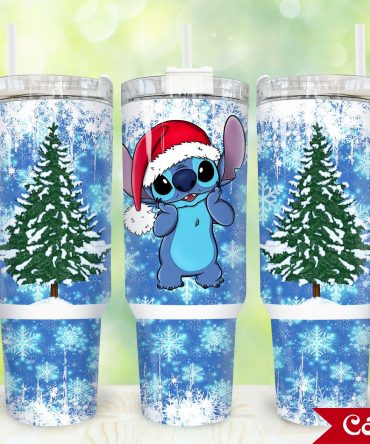 Festive Holiday Tumbler with Cute Blue Character and Snowy Trees