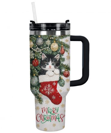 Christmas Stocking Kitten Custom Stanley Quencher 40oz Stainless Steel Tumbler With Handle