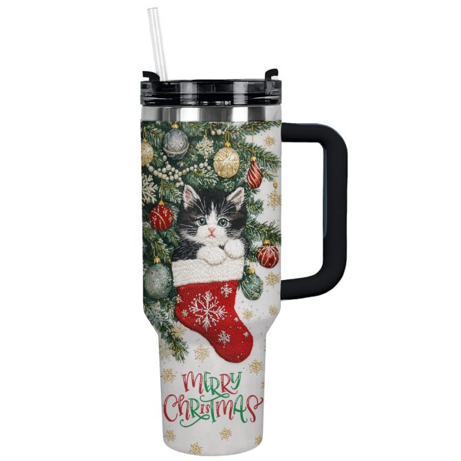 Christmas Stocking Kitten Custom Stanley Quencher 40oz Stainless Steel Tumbler With Handle