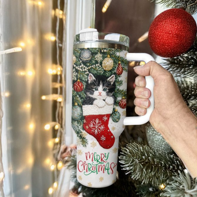 Christmas Stocking Kitten Custom Stanley Quencher 40oz Stainless Steel Tumbler With Handle - Image 3