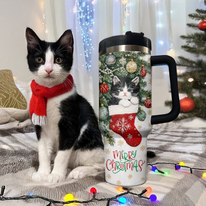 Christmas Stocking Kitten Custom Stanley Quencher 40oz Stainless Steel Tumbler With Handle - Image 2