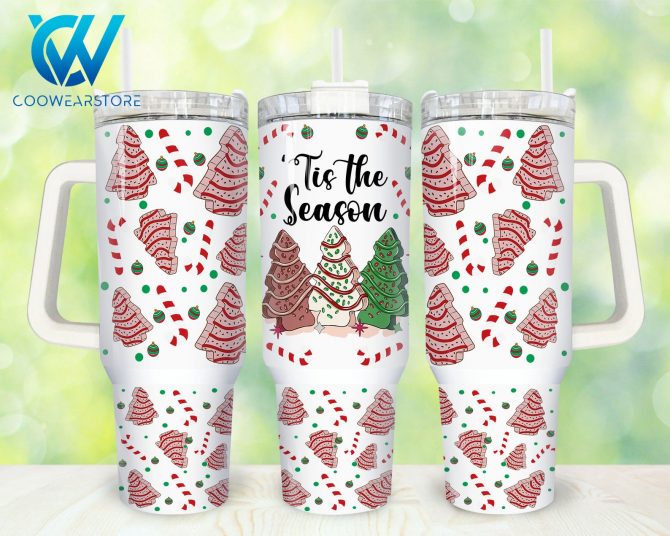 Festive 'Tis the Season Holiday Tumbler with Handle - Christmas Tree & Candy Cane Design