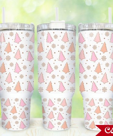 Festive Holiday Tumbler with Handle - Cute Pink and Peach Tree Design