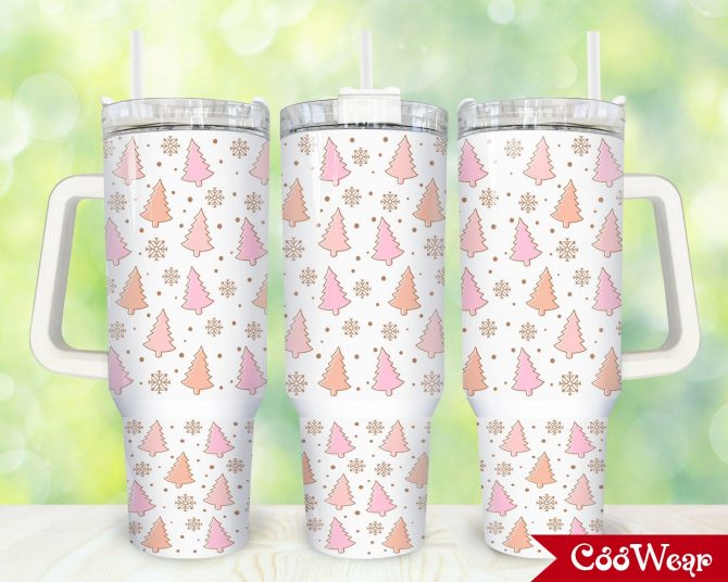Festive Holiday Tumbler with Handle - Cute Pink and Peach Tree Design