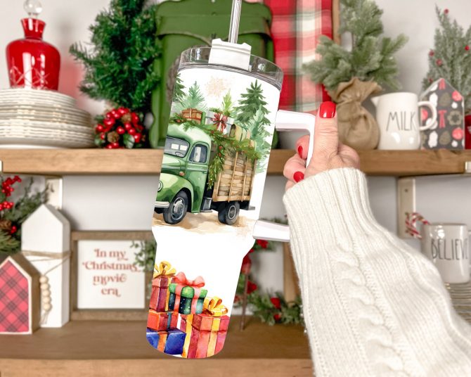 Festive Holiday Tumbler with Handle - Christmas Truck & Cow Design - Image 3