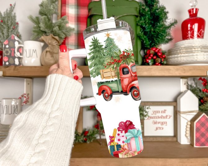 Festive Holiday Tumbler with Handle - Christmas Truck & Cow Design - Image 2