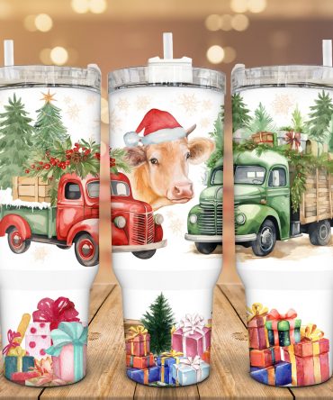 Festive Holiday Tumbler with Handle - Christmas Truck & Cow Design