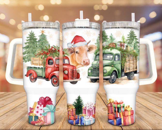 Festive Holiday Tumbler with Handle - Christmas Truck & Cow Design