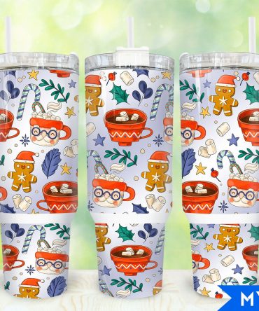 Festive Holiday Tumbler with Handle - Cute Gingerbread & Cocoa Design