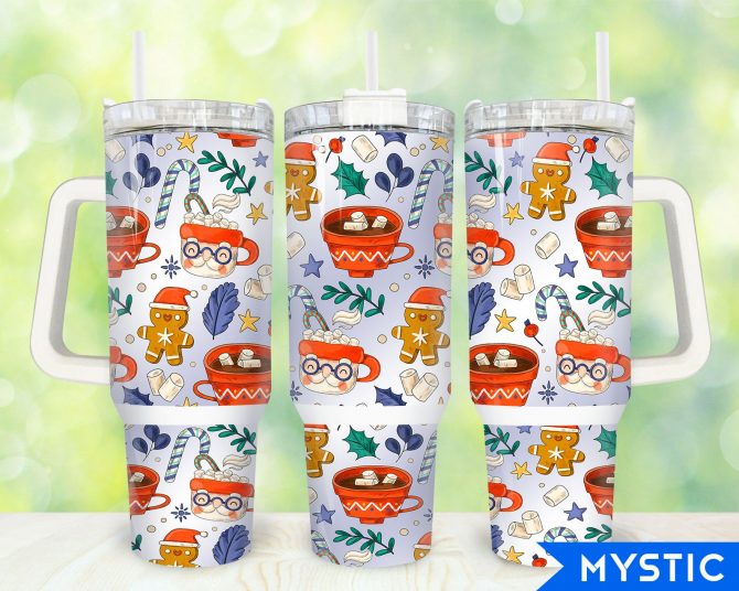 Festive Holiday Tumbler with Handle - Cute Gingerbread & Cocoa Design