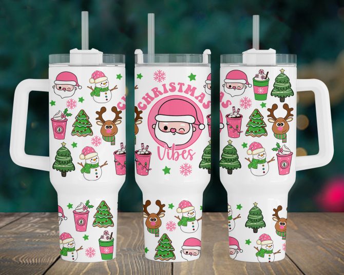 Festive Christmas Vibes Tumbler - Holiday Design with Straw & Handle