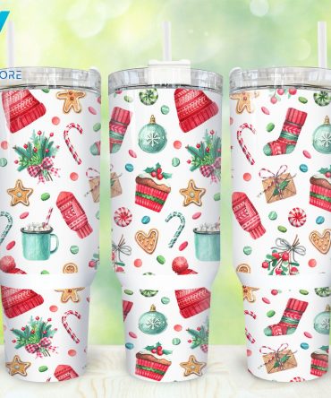 Festive Holiday Travel Mug - Insulated Tumbler with Handle & Straw, 40oz