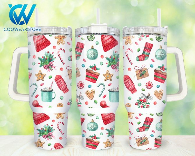 Festive Holiday Travel Mug - Insulated Tumbler with Handle & Straw, 40oz