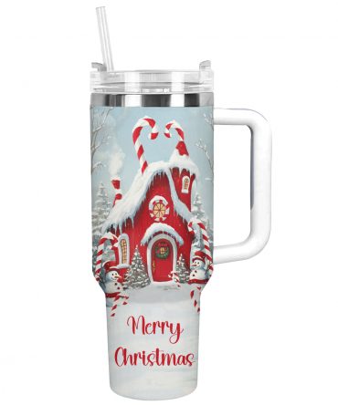 Christmas Whimsical House Custom Stanley Quencher 40oz Stainless Steel Tumbler With Handle