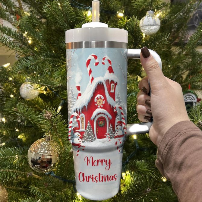 Christmas Whimsical House Custom Stanley Quencher 40oz Stainless Steel Tumbler With Handle - Image 2