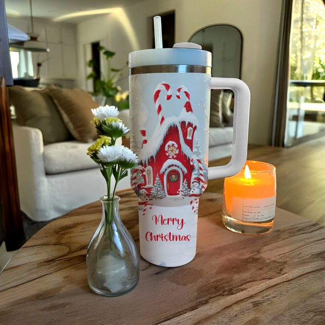 Christmas Whimsical House Custom Stanley Quencher 40oz Stainless Steel Tumbler With Handle - Image 3