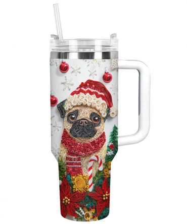 Christmas Winter Pug Custom Stanley Quencher 40oz Stainless Steel Tumbler With Handle