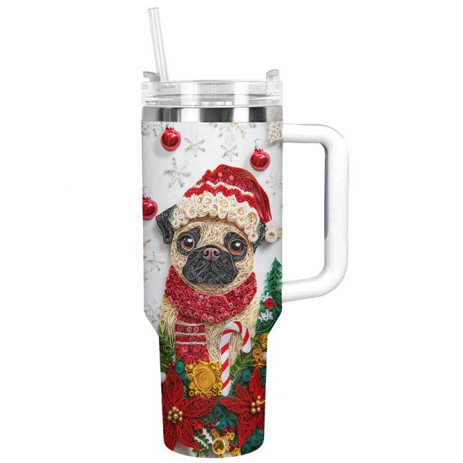 Christmas Winter Pug Custom Stanley Quencher 40oz Stainless Steel Tumbler With Handle