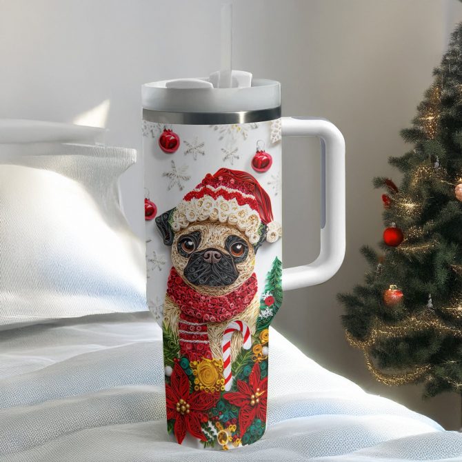 Christmas Winter Pug Custom Stanley Quencher 40oz Stainless Steel Tumbler With Handle - Image 2