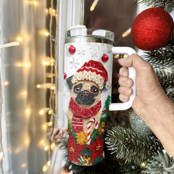 Christmas Winter Pug Custom Stanley Quencher 40oz Stainless Steel Tumbler With Handle - Image 3