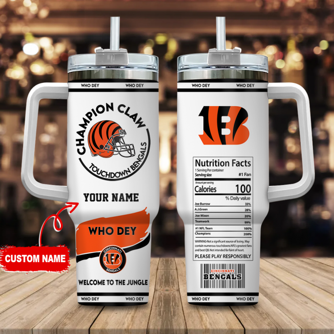 Custom Name Bengals Tumbler - Champion Claw Fan Mug with Straw