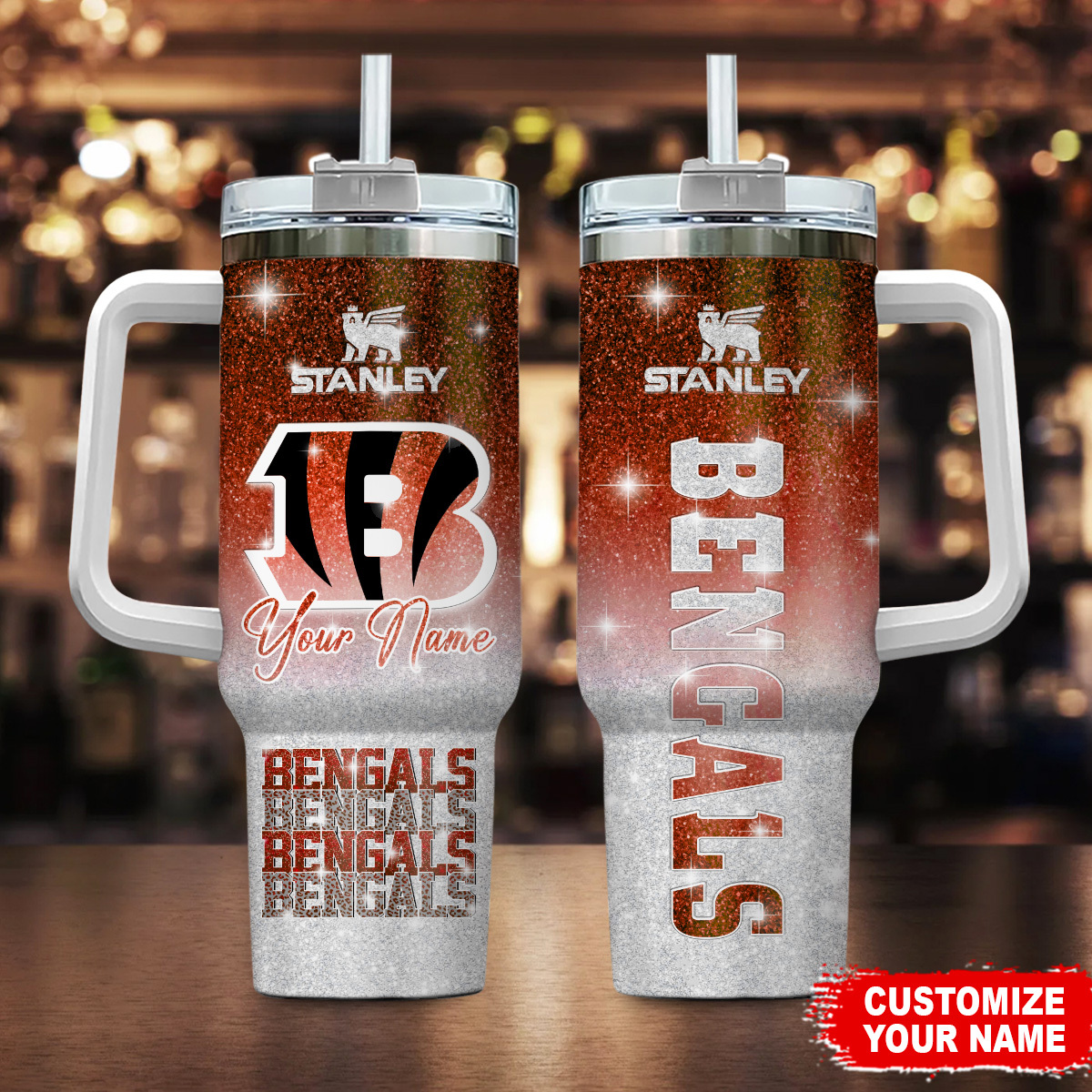 Customizable Bengals Glitter Tumbler with Handle - Personalized Drinkware