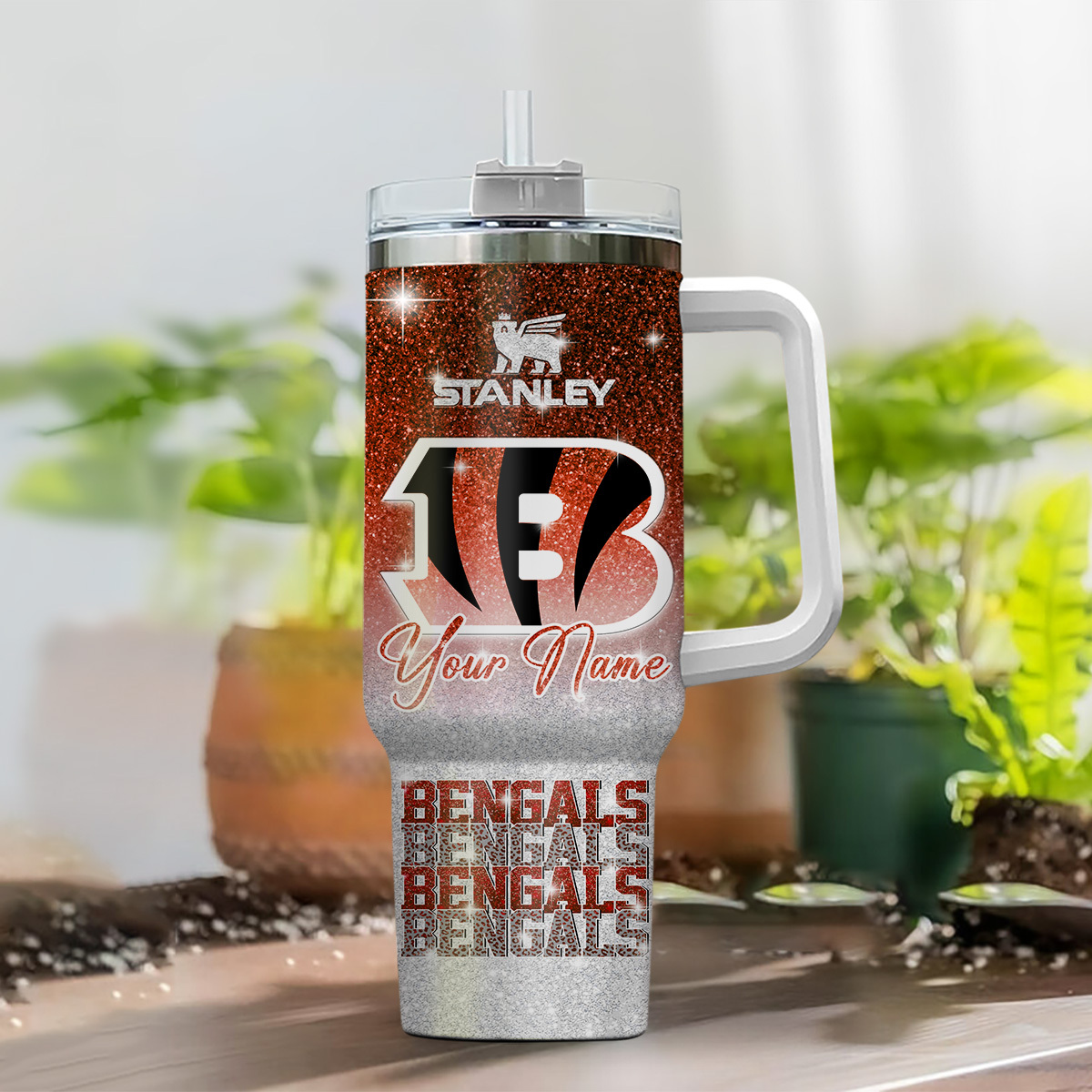 Customizable Bengals Glitter Tumbler with Handle - Personalized Drinkware - Image 2