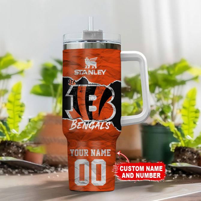 Customizable Bengals Tumbler with Handle - Personalized Name & Number - 40oz - Image 2