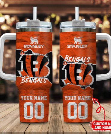 Customizable Bengals Tumbler with Handle - Personalized Name & Number - 40oz