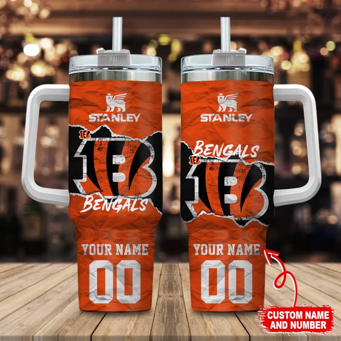 Customizable Bengals Tumbler with Handle - Personalized Name & Number - 40oz