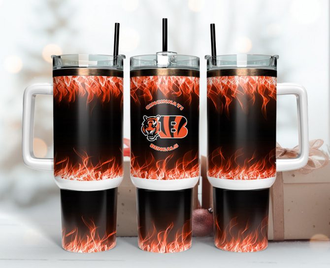 Fiery Bengals Double-Wall Tumbler with Handle & Straw - Ultimate Fan Gift