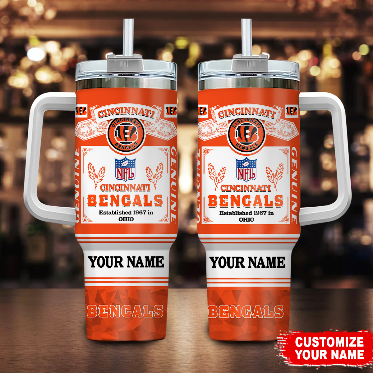 Custom Cincinnati Bengals Tumbler with Handle - Personalized NFL Fan Gift