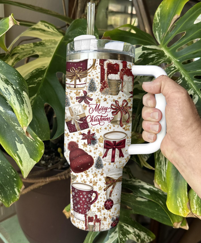 Classic Crimson Christmas Custom Stanley Quencher 40oz Stainless Steel Tumbler With Handle - Image 3
