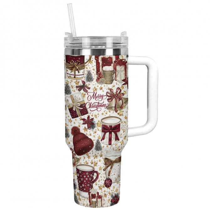 Classic Crimson Christmas Custom Stanley Quencher 40oz Stainless Steel Tumbler With Handle