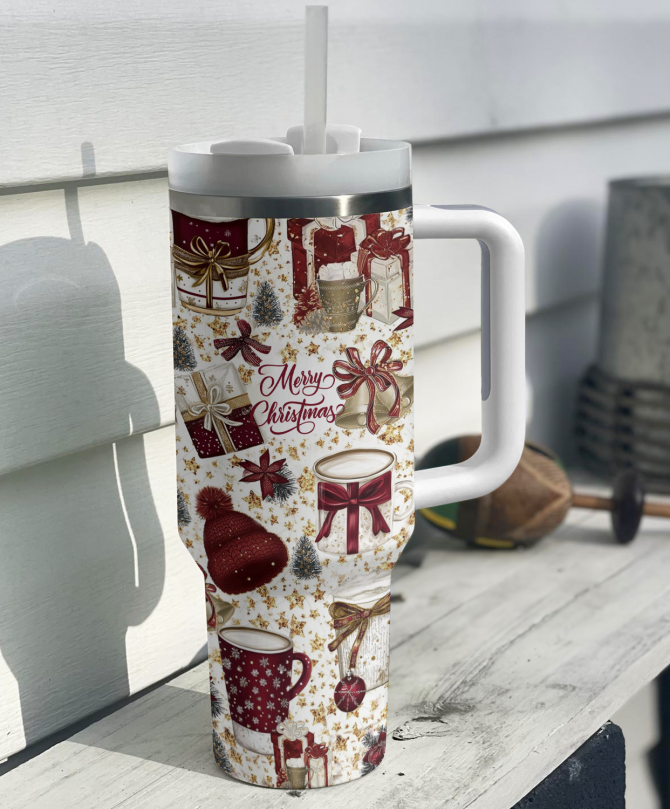 Classic Crimson Christmas Custom Stanley Quencher 40oz Stainless Steel Tumbler With Handle - Image 2
