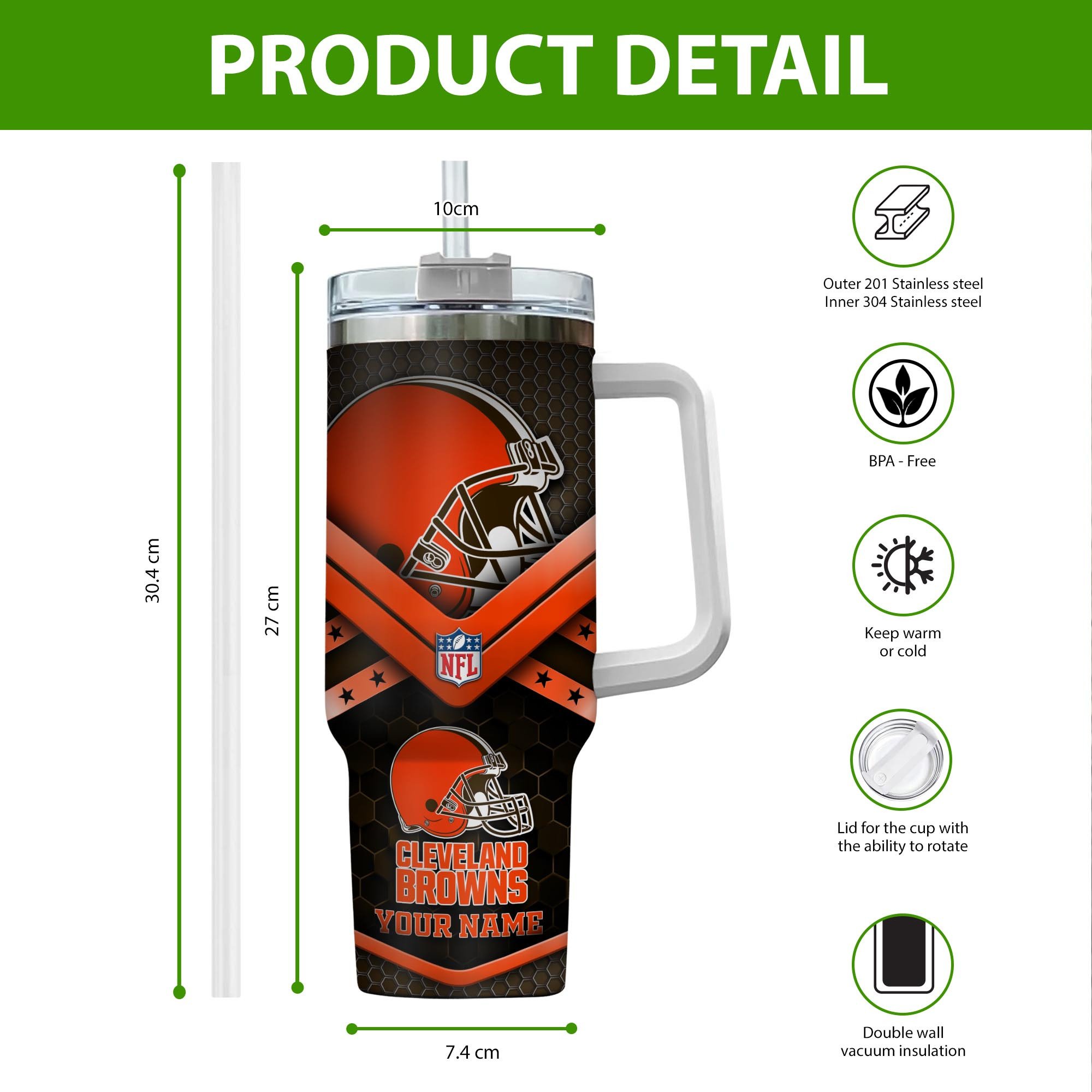 Personalized Cleveland Browns Tumbler with Handle - Custom Name Gift - Image 2