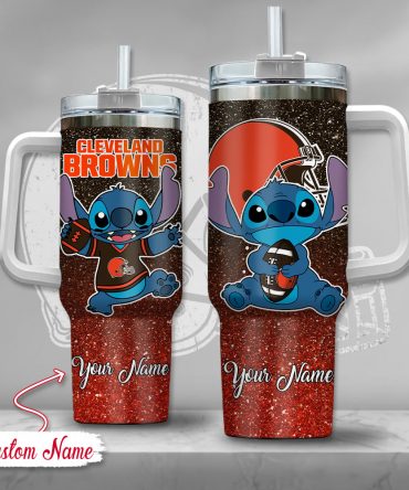 Custom Name Cleveland Browns Tumbler with Handle - Cute Cartoon Design