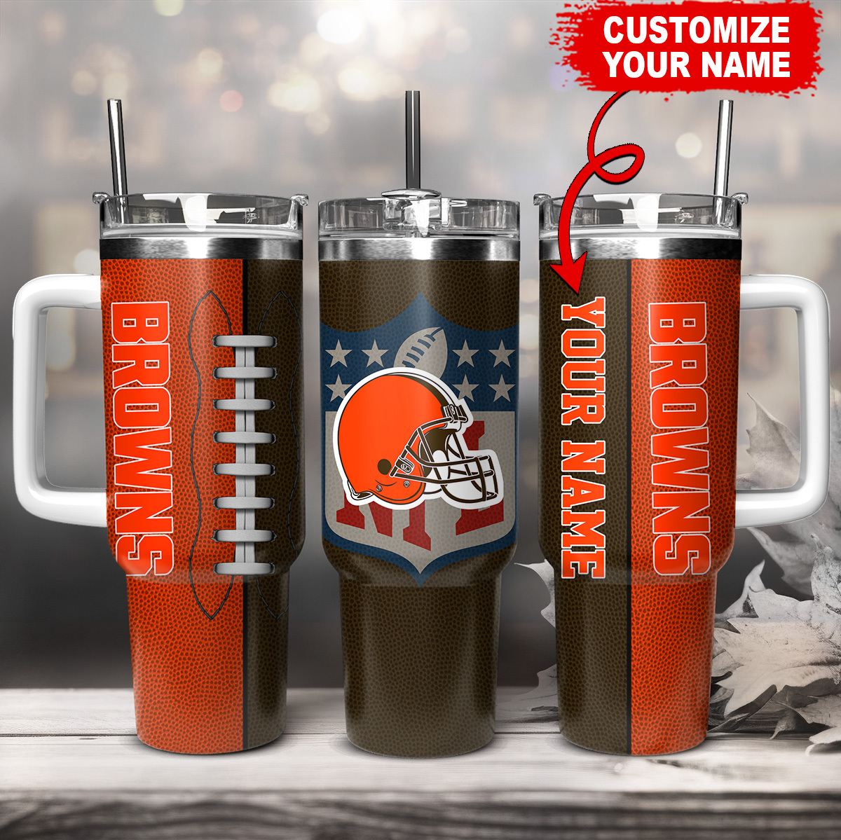 Personalized Browns Football Tumbler - Customizable Name & Durable Design