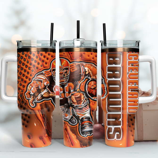 Cleveland Browns Football Tumbler - Insulated Travel Mug with Handle & Straw