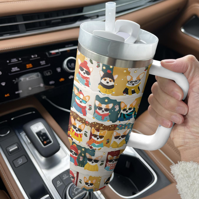 Corgi Winter Fashion Christmas Custom Stanley Quencher 40oz Stainless Steel Tumbler With Handle - Image 3