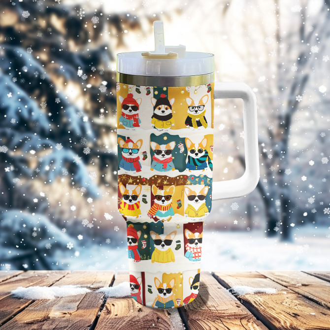 Corgi Winter Fashion Christmas Custom Stanley Quencher 40oz Stainless Steel Tumbler With Handle - Image 2