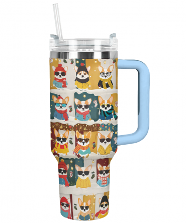 Corgi Winter Fashion Christmas Custom Stanley Quencher 40oz Stainless Steel Tumbler With Handle