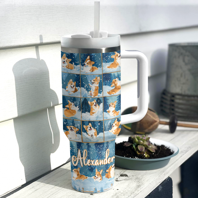Corgi Winter Wonderland Christmas Custom Stanley Quencher 40oz Stainless Steel Tumbler With Handle - Image 3