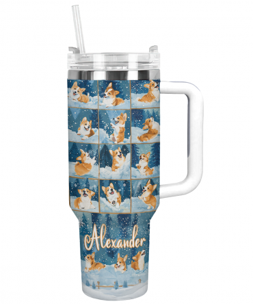 Corgi Winter Wonderland Christmas Custom Stanley Quencher 40oz Stainless Steel Tumbler With Handle
