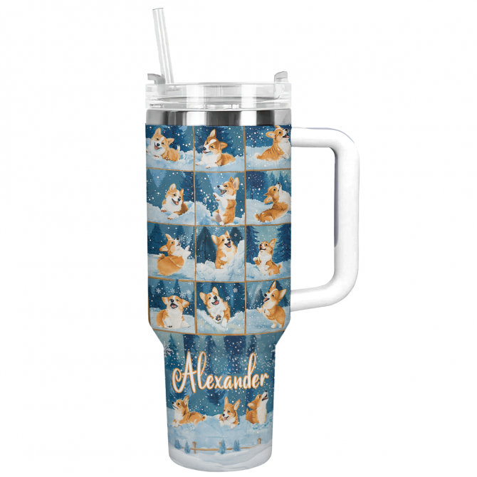 Corgi Winter Wonderland Christmas Custom Stanley Quencher 40oz Stainless Steel Tumbler With Handle