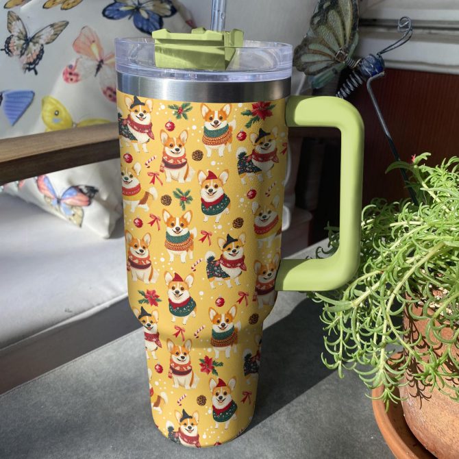 Corgis Christmas Party Custom Stanley Quencher 40oz Stainless Steel Tumbler With Handle - Image 3