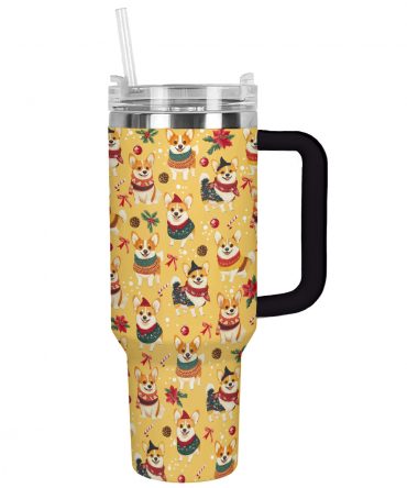 Corgis Christmas Party Custom Stanley Quencher 40oz Stainless Steel Tumbler With Handle