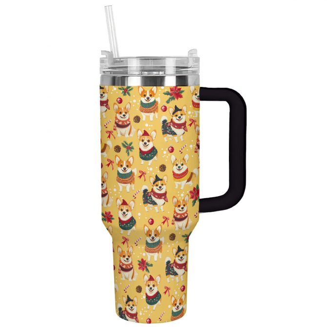 Corgis Christmas Party Custom Stanley Quencher 40oz Stainless Steel Tumbler With Handle