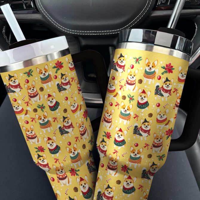 Corgis Christmas Party Custom Stanley Quencher 40oz Stainless Steel Tumbler With Handle - Image 2
